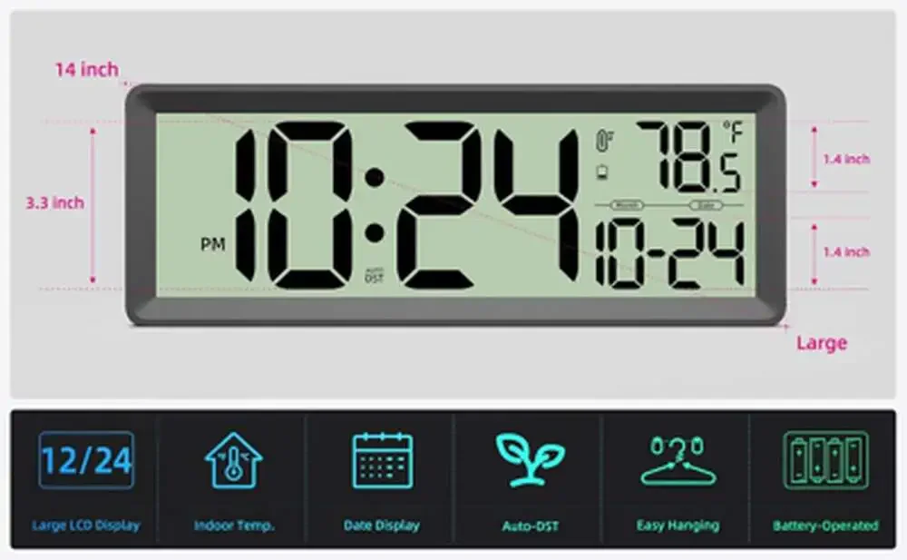 Digital Wall Clock 14 Inch Large Display Temperature Date DST Battery Operated